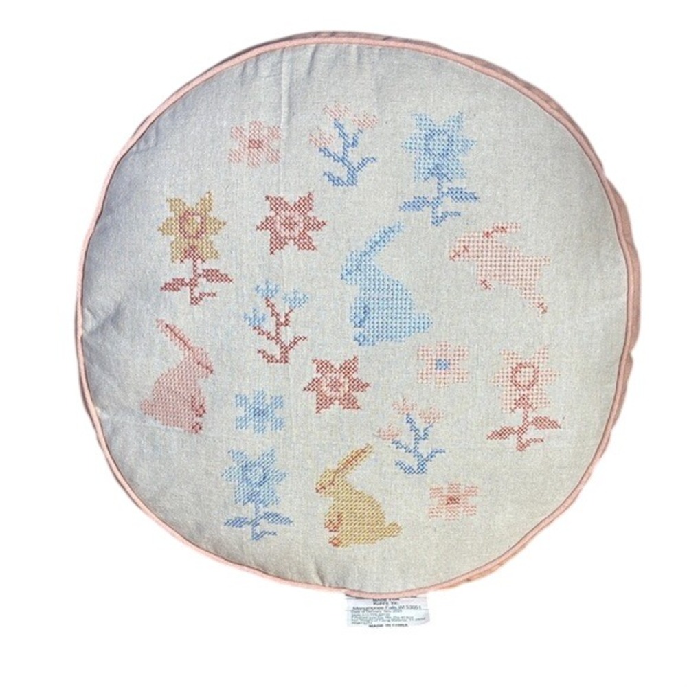 Celebrate‎ Together Round Embroidered Cushion w/Floral & Bunny Design 16" NWOT